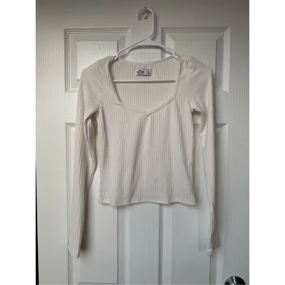 Hollister Long Sleeve Square Neck Blouse Women's Small White Ribbed Basic